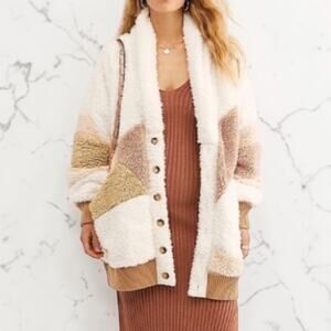 Rare Free People Selma Cardi Color Block Sherpa Cardigan Sz M